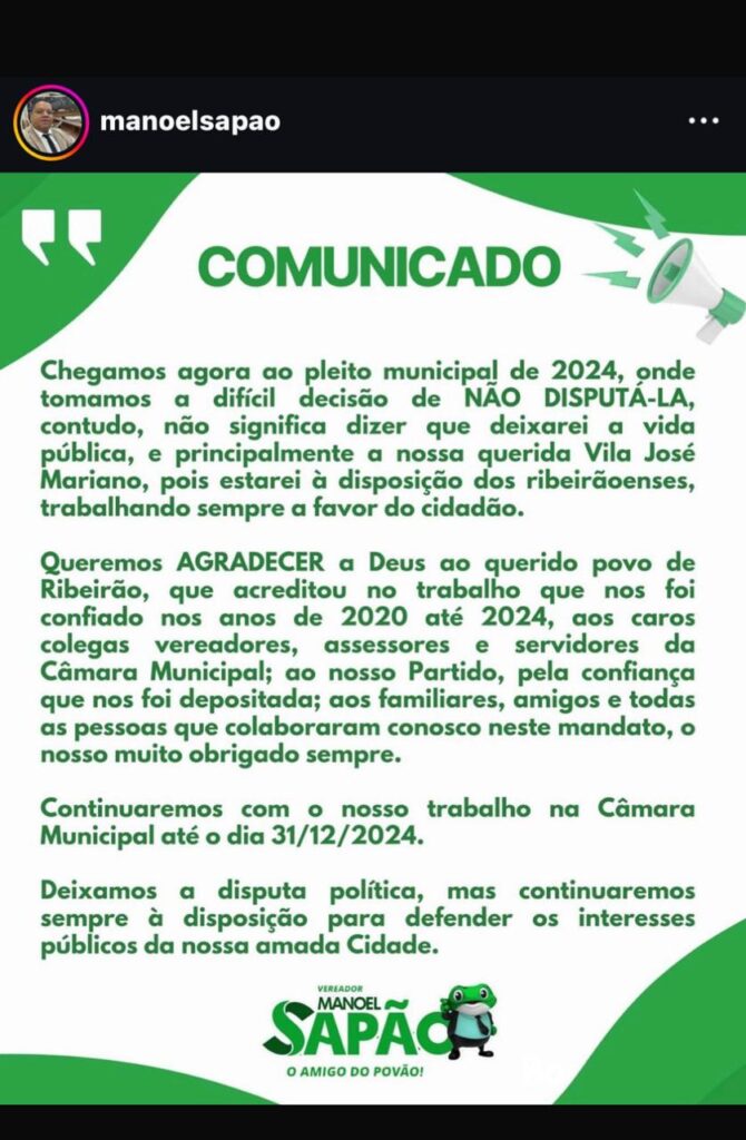 Comunicado de desistÊncia do vereador Manoel Sapão