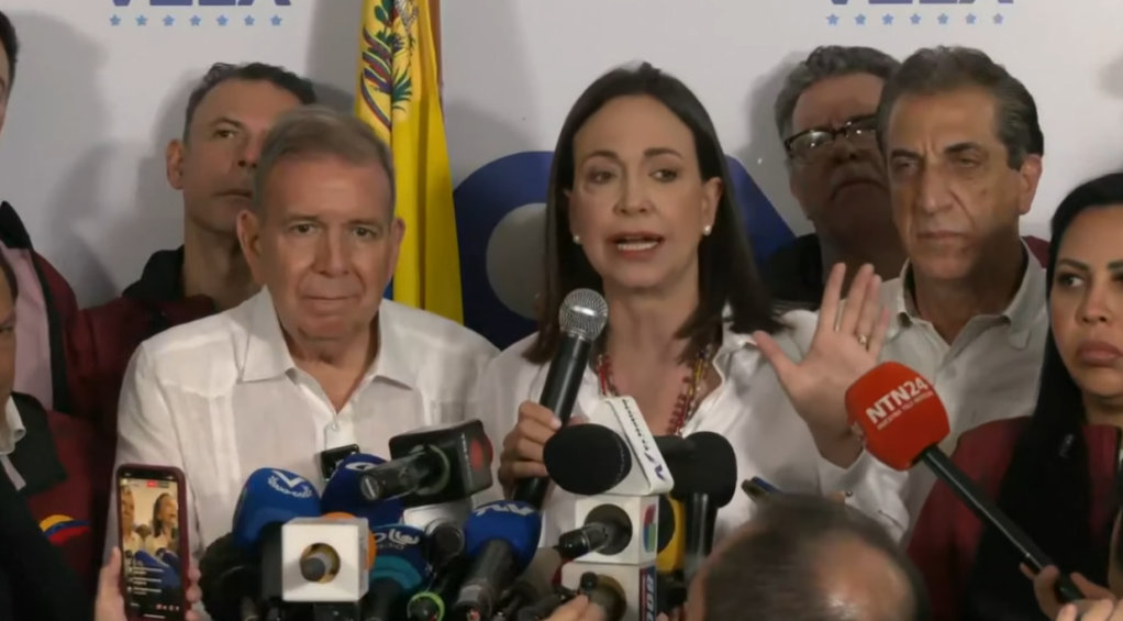 María Corina Machado fala após resultado da eleição presidencial na Venezuela, que reelegeu Nicolás Maduro em 29 de julho de 2024 / Reprodução