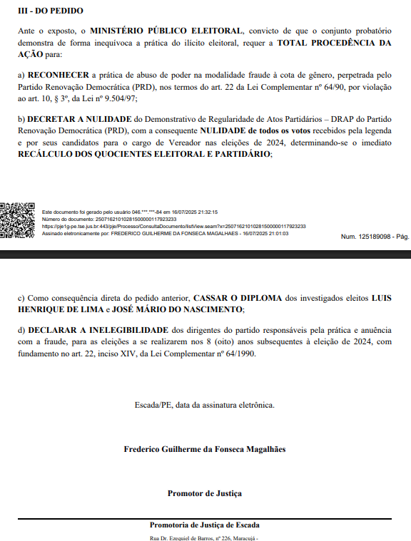 Decisão do MP eleitoral sobre a cassação da chapa do PRD em Escada. Imagem: MP